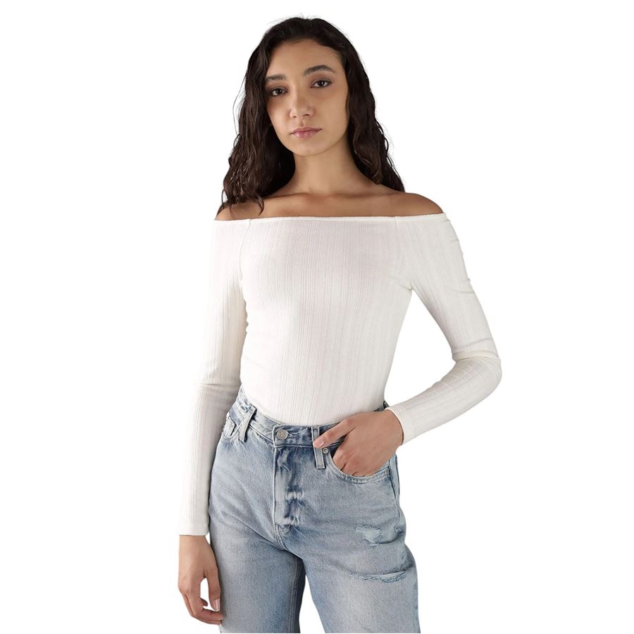 T-shirt manica lunga da donna Warm Texture Rib Bardot top Calvin Klein | J20J224992YBI